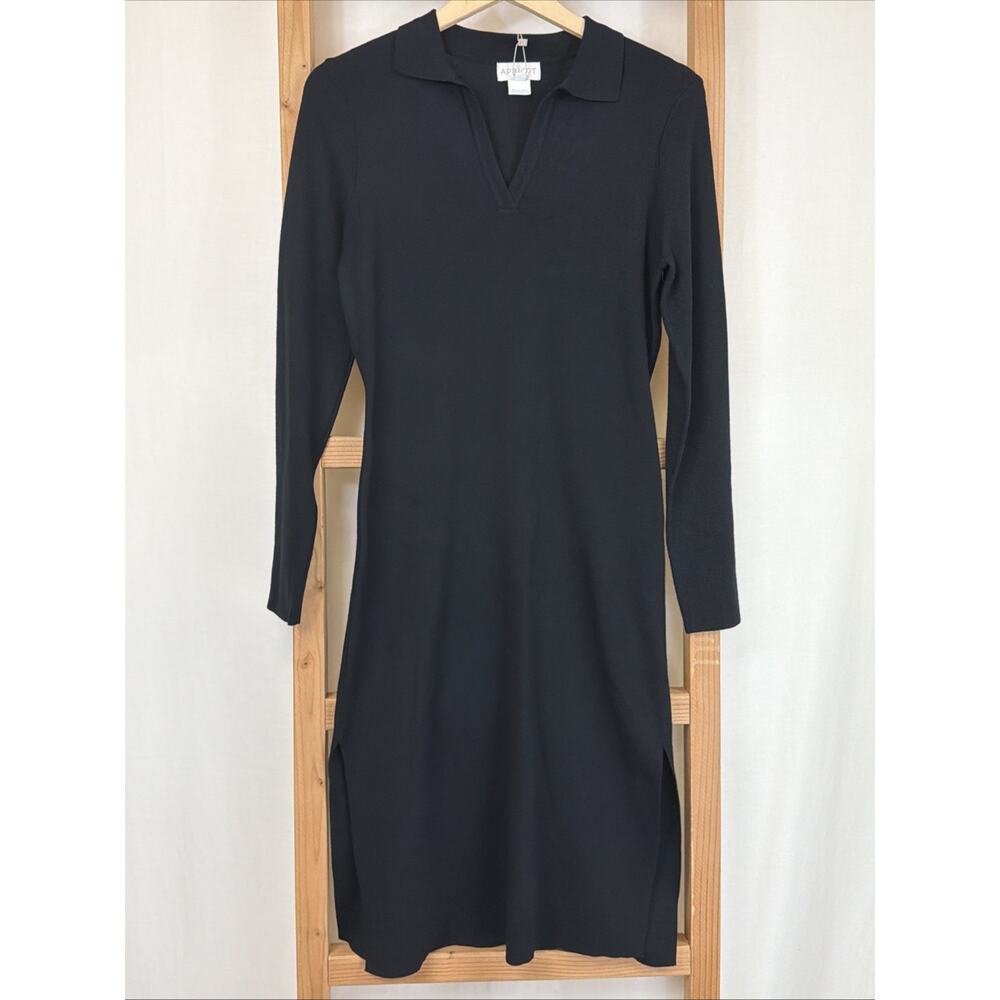 NWT Apricot Black Collared V Neck Ribbed Side Slits Sweater Dress #1411 Size S